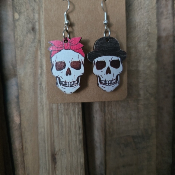 Halloween Skull Wooden Earrings - Picture 1 of 1